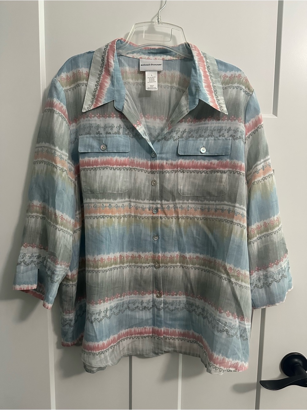 Alfred Dunner Striped Pastel Button-Down Shirt in Blue, Pink & Gray